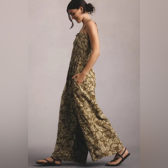 Anthropologie Pilcro Smocked Printed Linen Jumpsuit in Moss - Picture 2 of 9